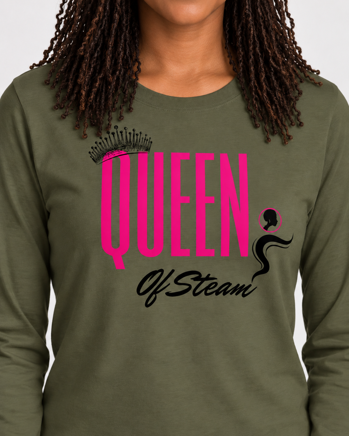 Close-up of Queen of Steam crown and hair-steaming graphic printed on T-shirt.