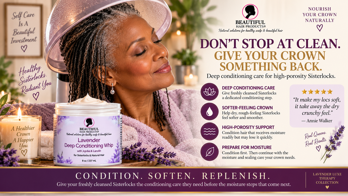 Mature Black woman deep conditioning fine high porosity Sisterlocks with Lavender Conditioning Whip