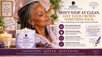 Mature Black woman deep conditioning fine high porosity Sisterlocks with Lavender Conditioning Whip