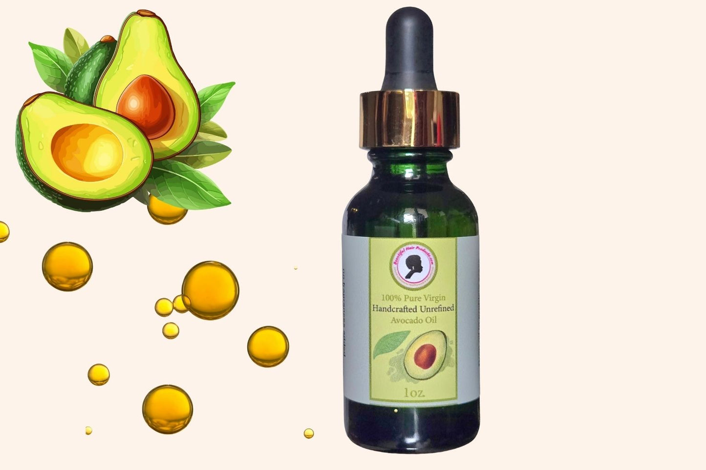 Green-Gold Avocado Hair Oil bottle, 1oz handcrafted virgin oil with gold and green label for Sisterlocks and natural hair
