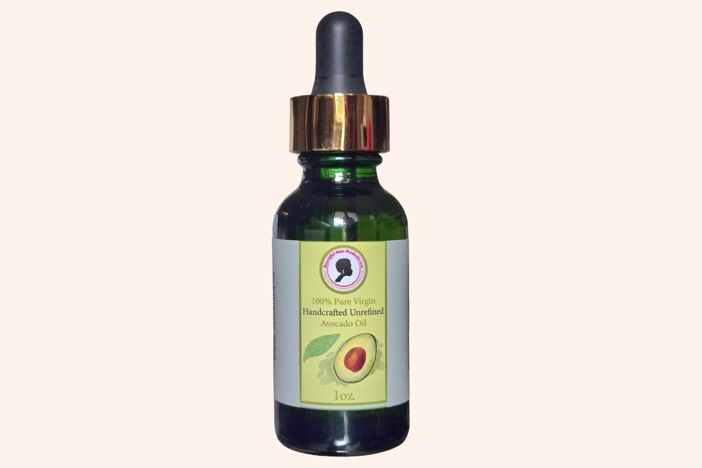 Green-Gold Avocado Hair Oil bottle, 1oz handcrafted virgin oil with gold and green label for Sisterlocks and natural hair