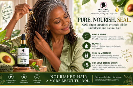 Mature Black woman with fine Sisterlocks using Green-Gold Avocado Hair Oil to help seal in moisture