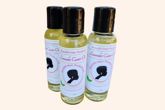 Three bottles Lavender & Castor Scalp Therapy Oil, with purple and cream label for therapeutic scalp treatment