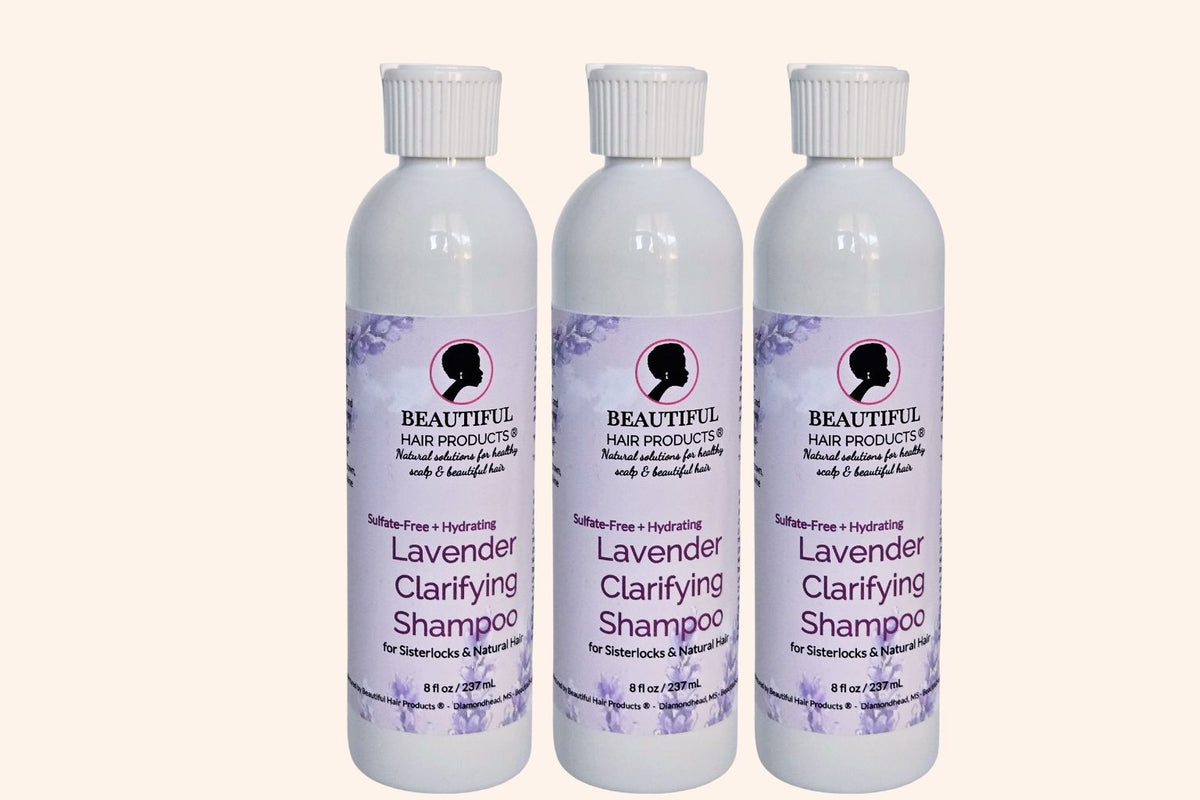 Three bottles of Lavender Clarifying & Hydrating Shampoo for high porosity Sisterlocks