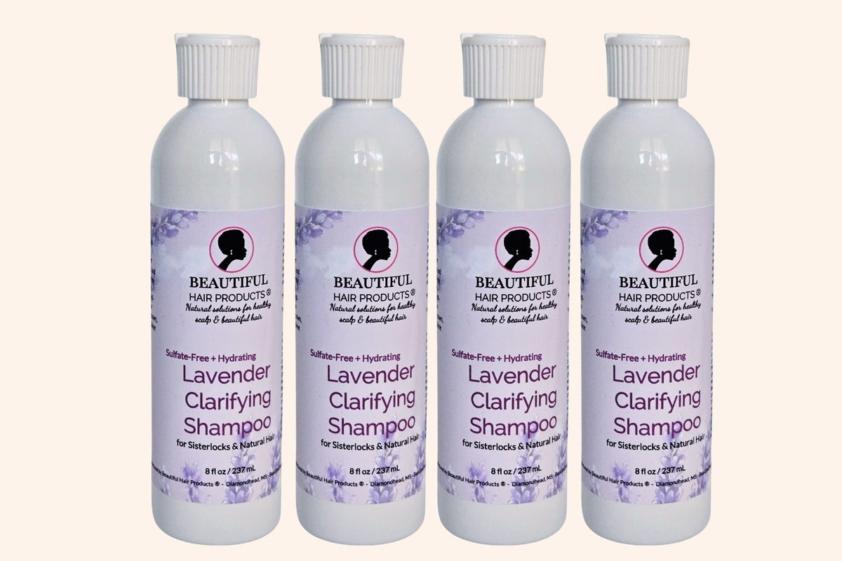 Four bottles of sulfate-free Lavender Clarifying Shampoo for Sisterlocks and high porosity hair