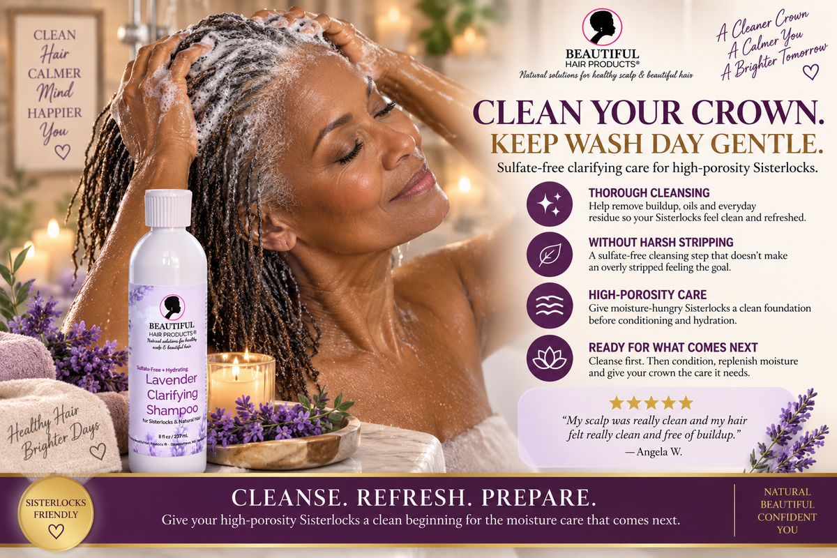 Mature Black woman washing fine Sisterlocks with Lavender Clarifying Shampoo for high porosity hair