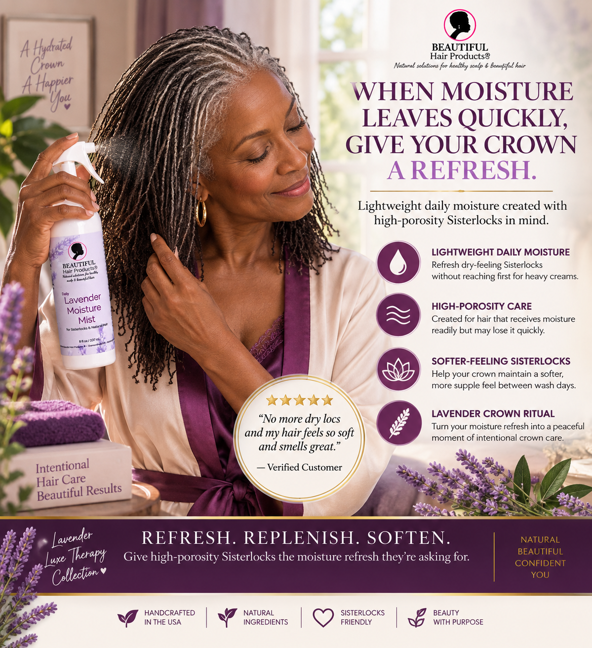 Mature Black woman with fine Sisterlocks using Lavender Daily Moisture Mist for high porosity hair