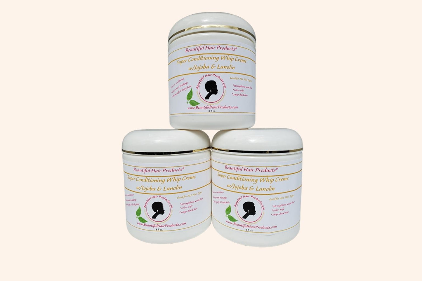 Three jars of Lavender Deep Conditioning Whip jar, 8oz with purple and cream label featuring jojoba and lanolin for high porosity conditioning