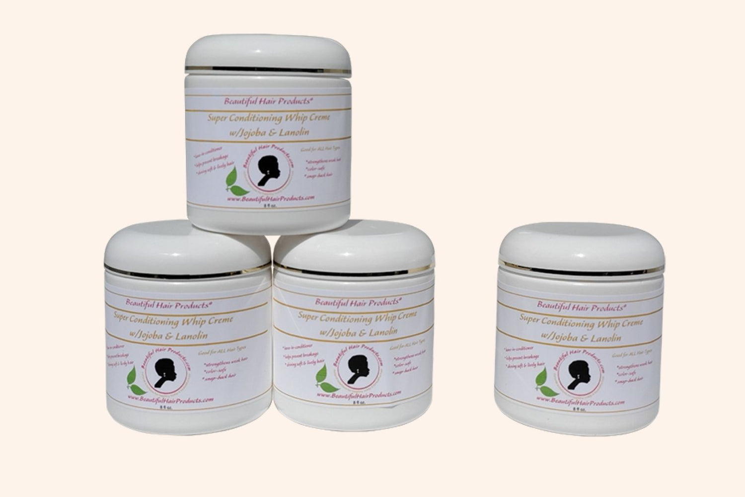 Four jars of Lavender Deep Conditioning Whip jar, 8oz with purple and cream label featuring jojoba and lanolin for high porosity conditioning