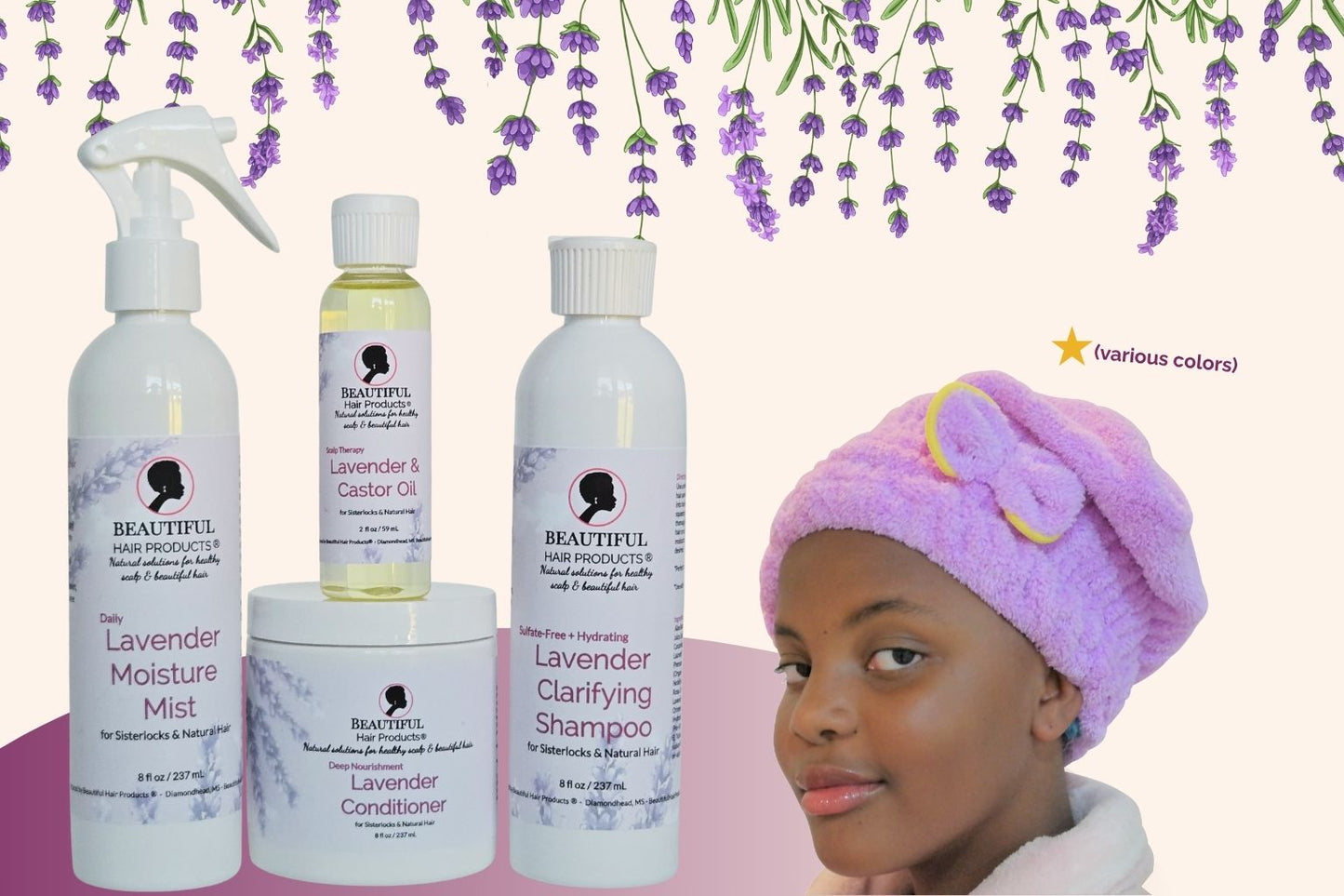 Lavender Luxe Starter Hydration Kit with lavender products and towel cap specifically designed for Sisterlocks care