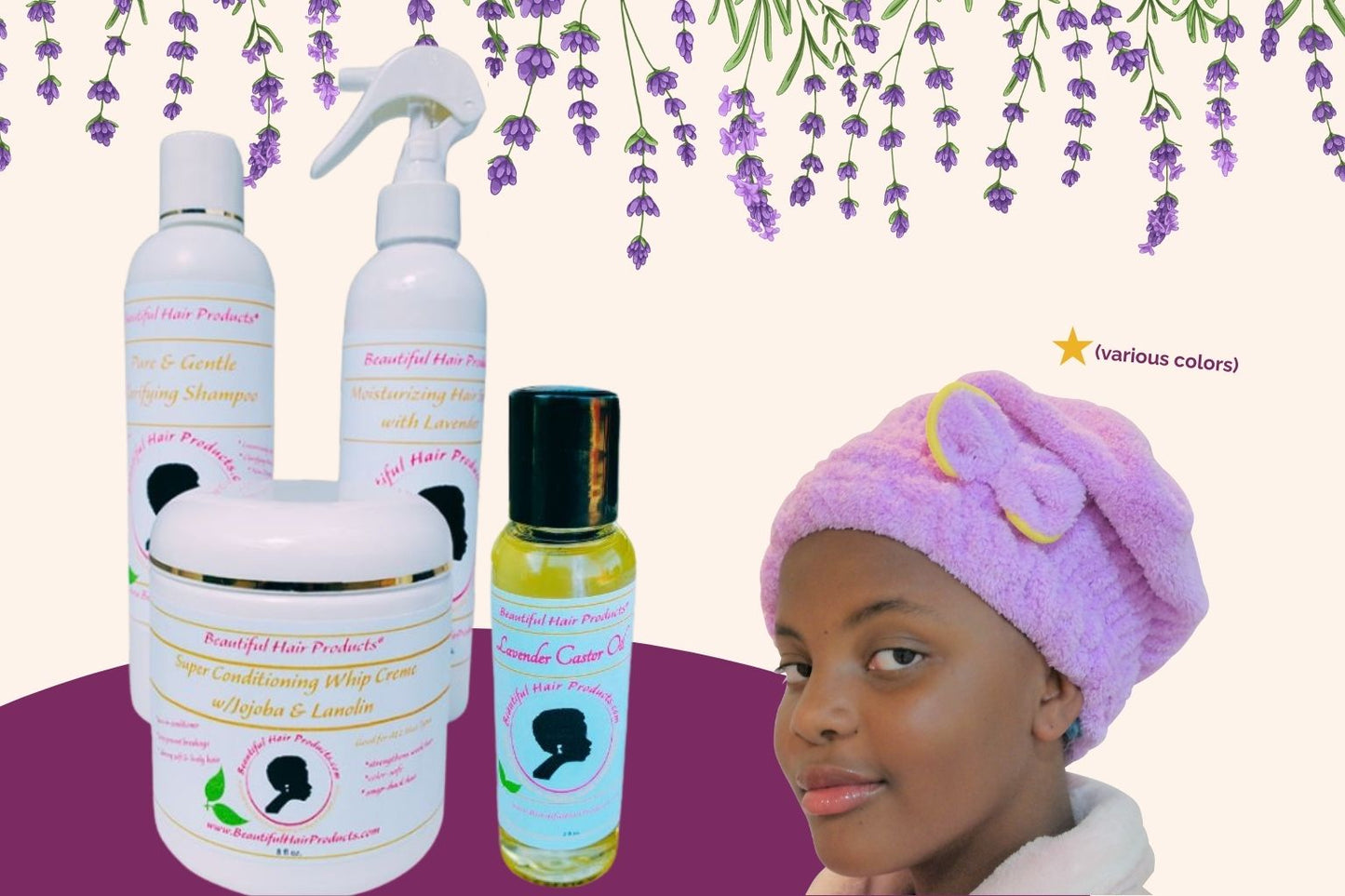 Lavender Luxe Starter Hydration Kit with lavender products and towel cap specifically designed for Sisterlocks care