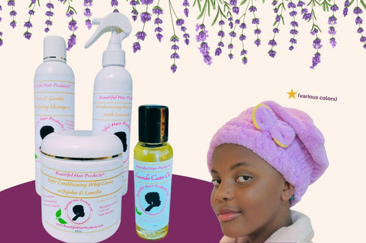 Lavender Luxe Starter Hydration Kit with lavender products and towel cap specifically designed for Sisterlocks care