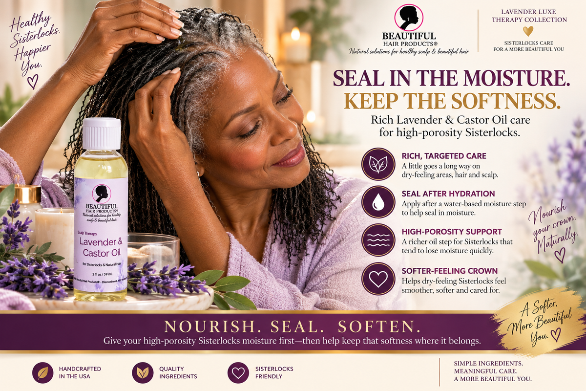 Mature Black woman applying Lavender and Castor Oil to fine high porosity Sisterlocks
