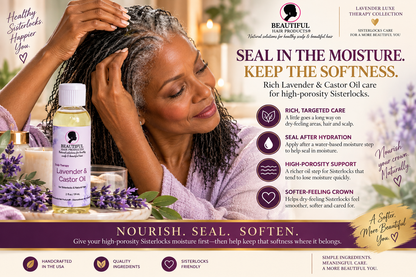Mature Black woman applying Lavender and Castor Oil to fine high porosity Sisterlocks