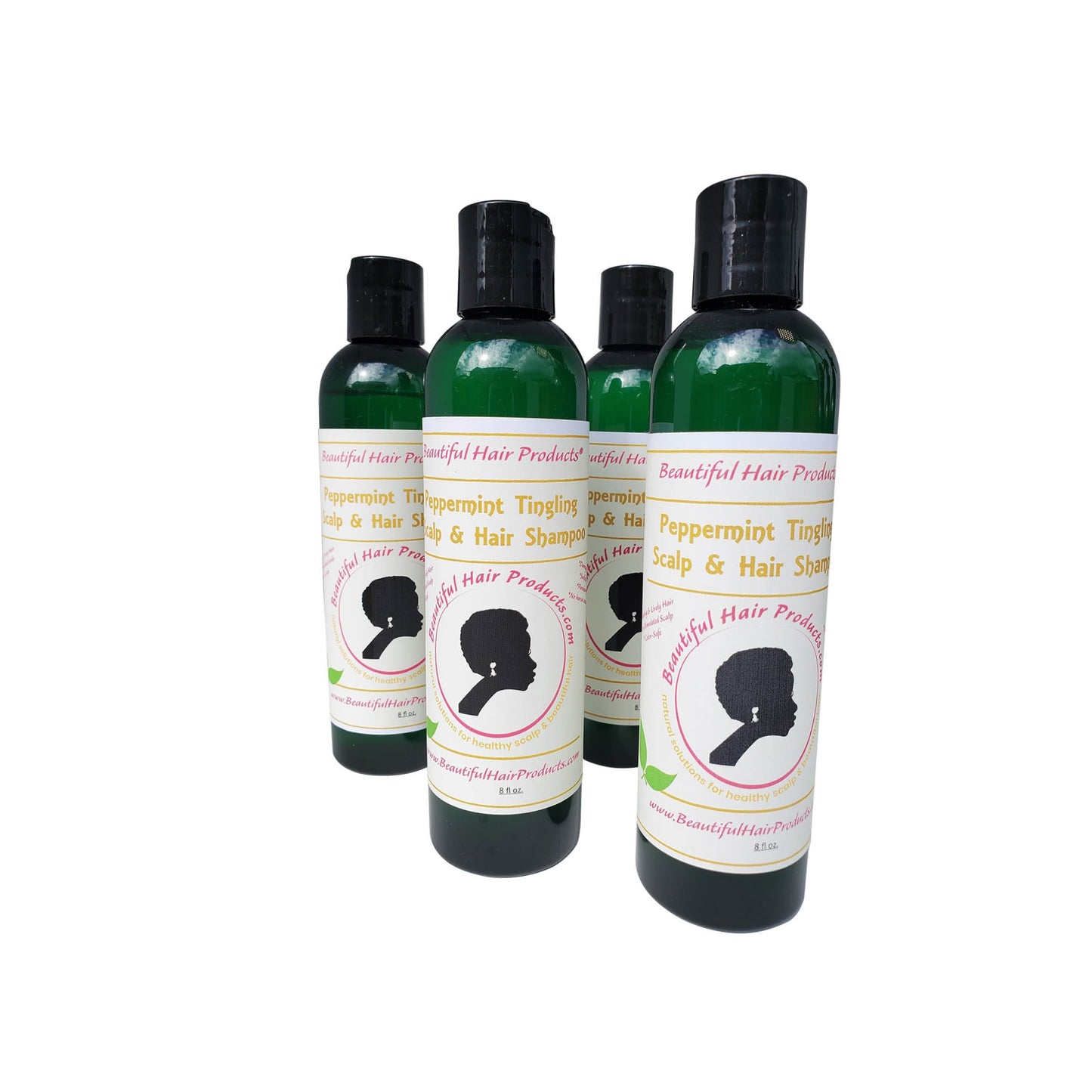 Four bottles of Peppermint Clarifying Shampoo, 8oz sulfate-free formula with green and pink label for natural hair and Sisterlocks care

