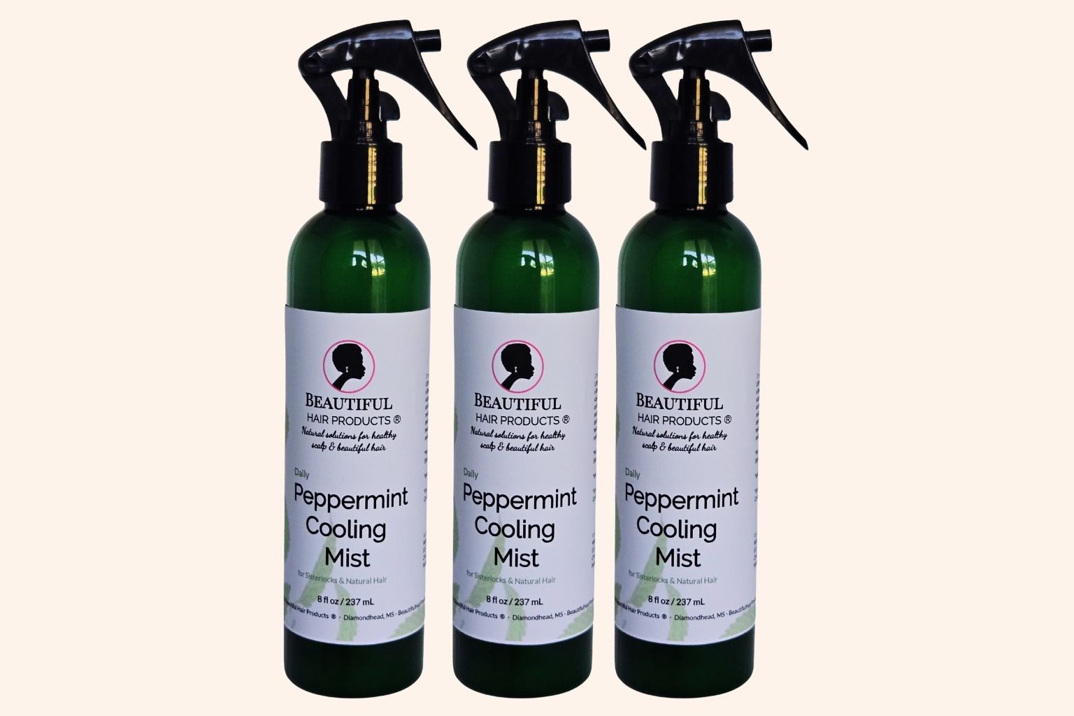 Three bottles of Peppermint Daily Cooling Mist 8oz bottle with green and cream label for Sisterlocks and natural hair moisturizing 