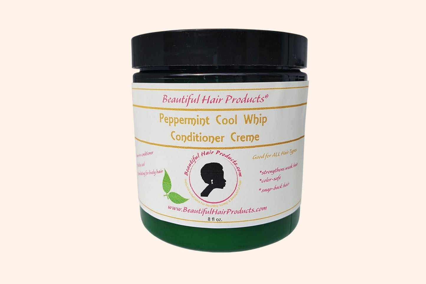 Peppermint Deep Conditioning Cream jar, 8oz replenishing treatment with green and pink label for low porosity dry natural hair