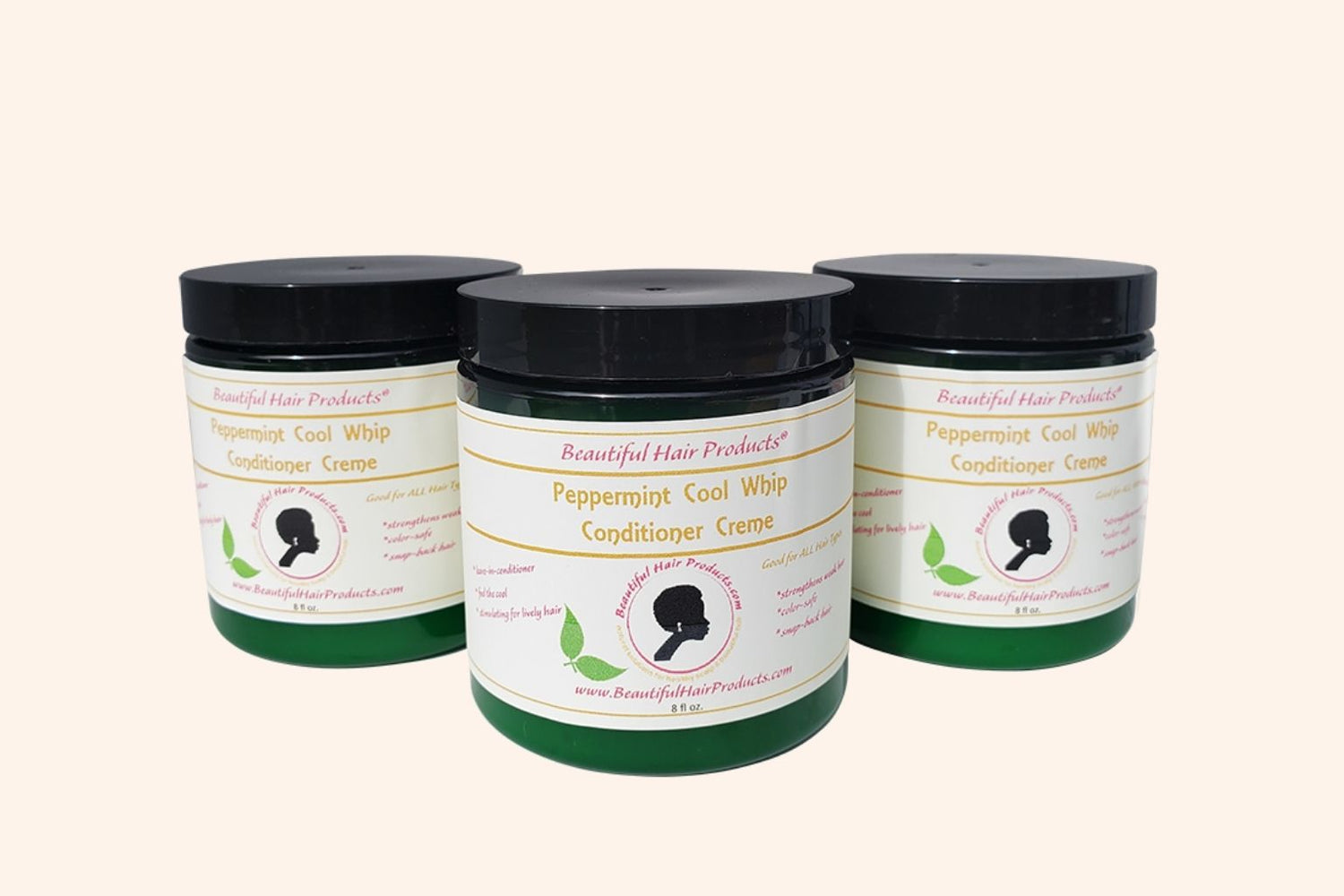 Three jars of Peppermint Deep Conditioning Cream jar, 8oz replenishing treatment with green and pink label for low porosity dry natural hair