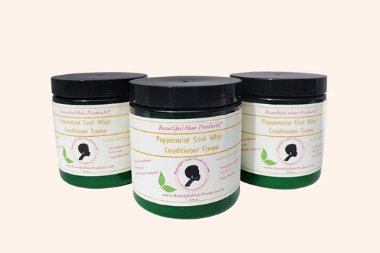 Three jars of Peppermint Deep Conditioning Cream jar, 8oz replenishing treatment with green and pink label for low porosity dry natural hair