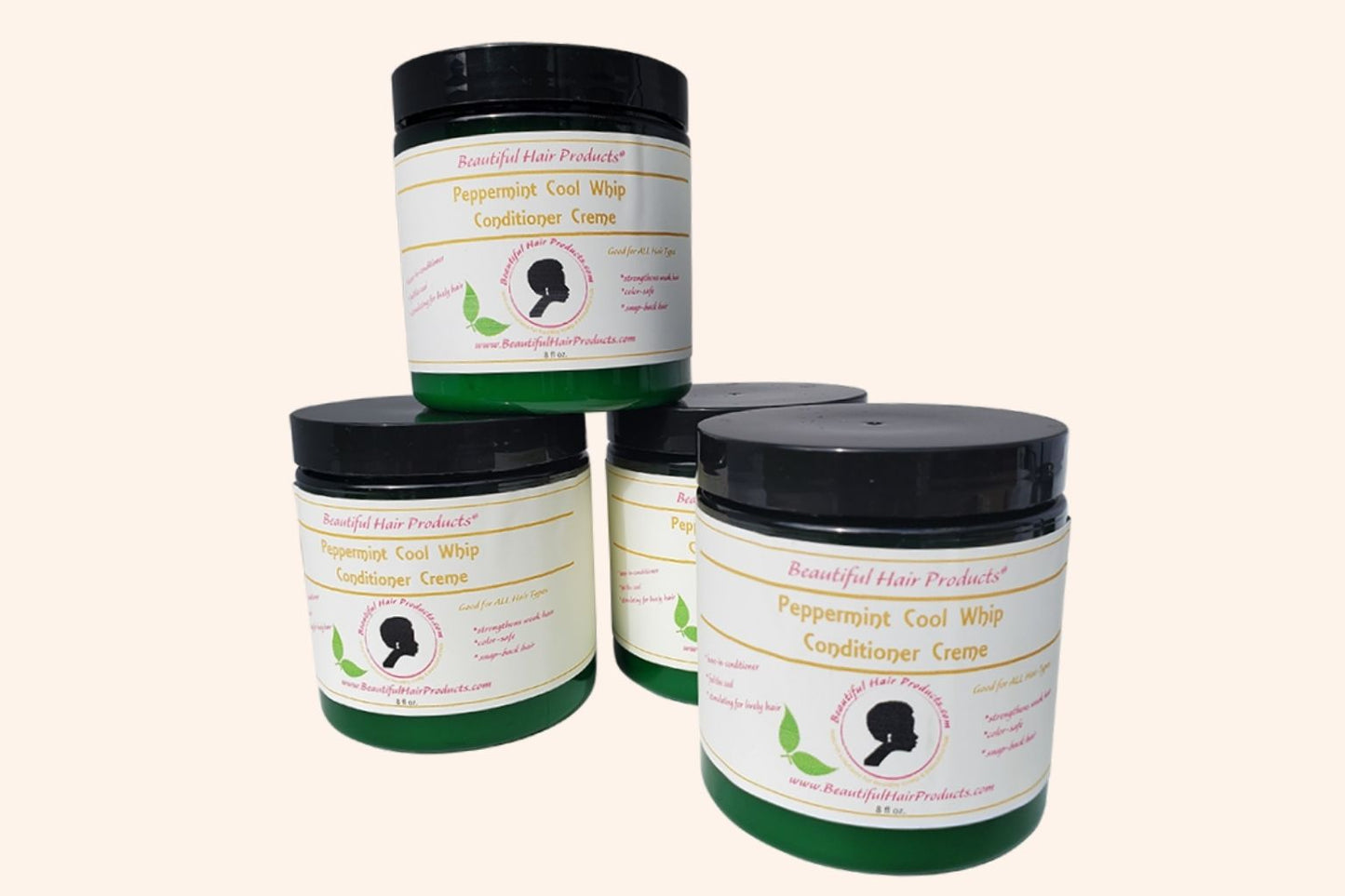 Four jars of Peppermint Deep Conditioning Cream jar, 8oz replenishing treatment with green and pink label for low porosity dry natural hair
