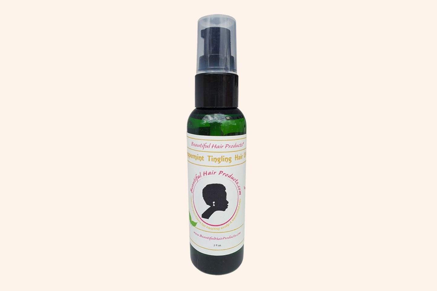 Peppermint Hair Growth Oil 2oz bottle with green and cream label for stimulating scalp treatment