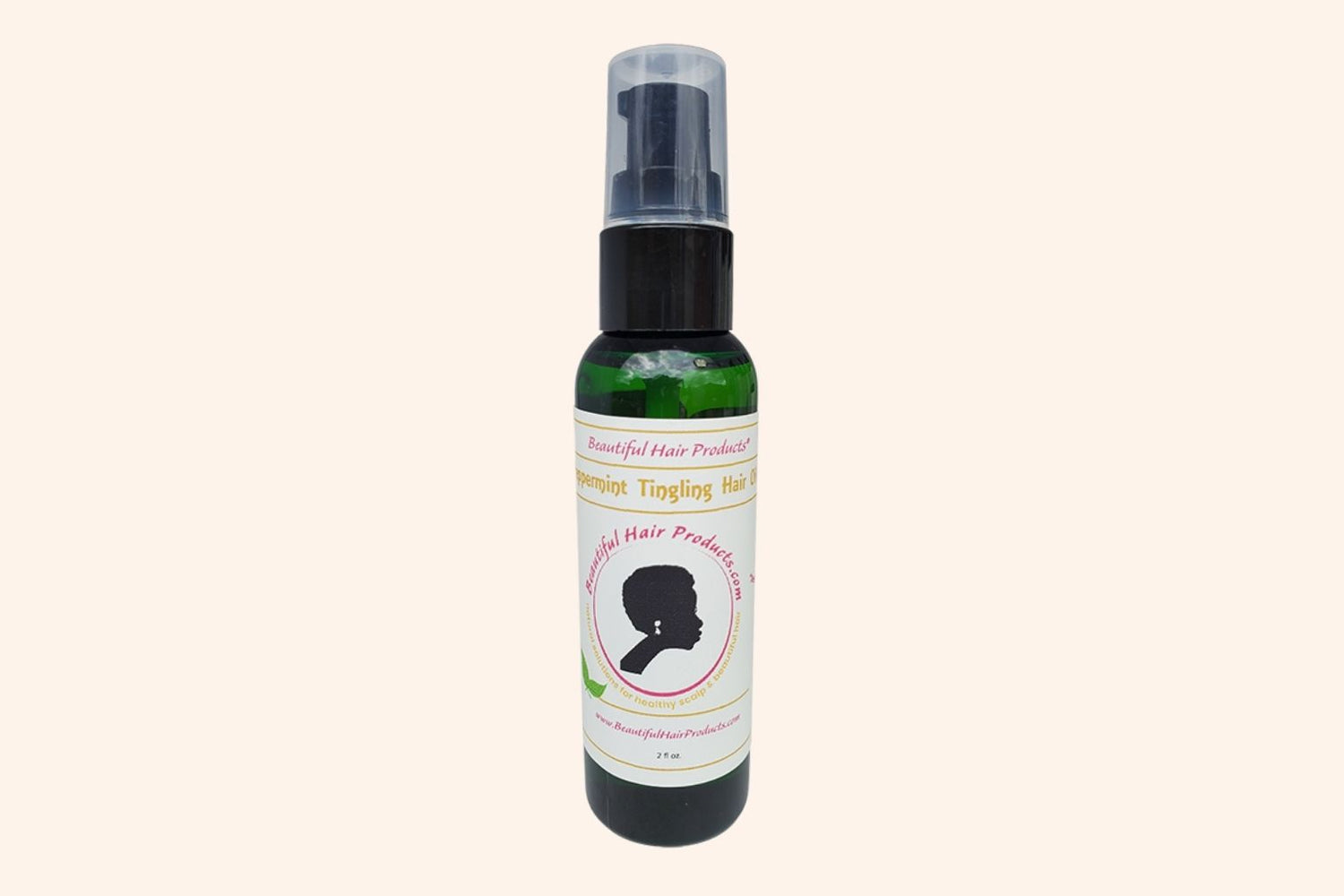 Peppermint Hair Growth Oil 2oz bottle with green and cream label for stimulating scalp treatment