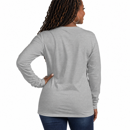 Queen of Steam Athletic Heather long-sleeve crew neck T-shirt with pink and black graphic.