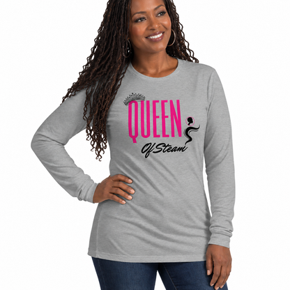 Queen of Steam Athletic Heather long-sleeve crew neck T-shirt with pink and black graphic.