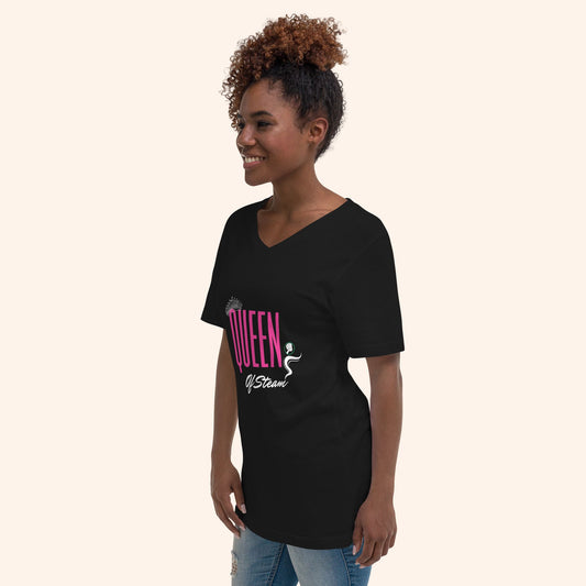 Queen of Steam black short-sleeve V-neck T-shirt with pink and white graphic.
