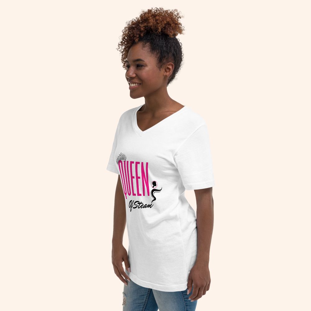 Queen of Steam white short-sleeve V-neck T-shirt with pink and black graphic.
