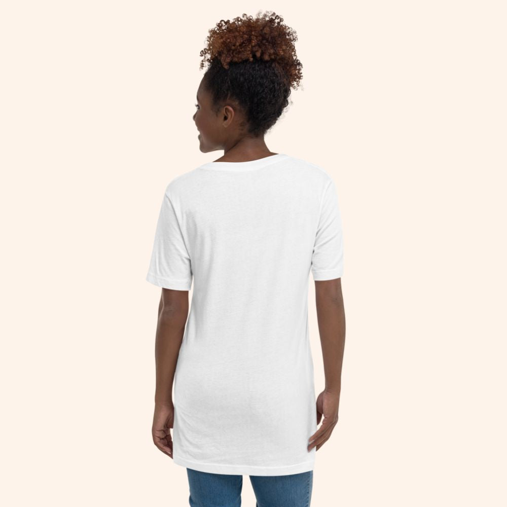 Queen of Steam white short-sleeve V neck T-shirt with pink and black graphic.