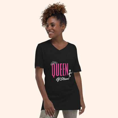 Queen of Steam black short-sleeve V-neck T-shirt with pink and white graphic.