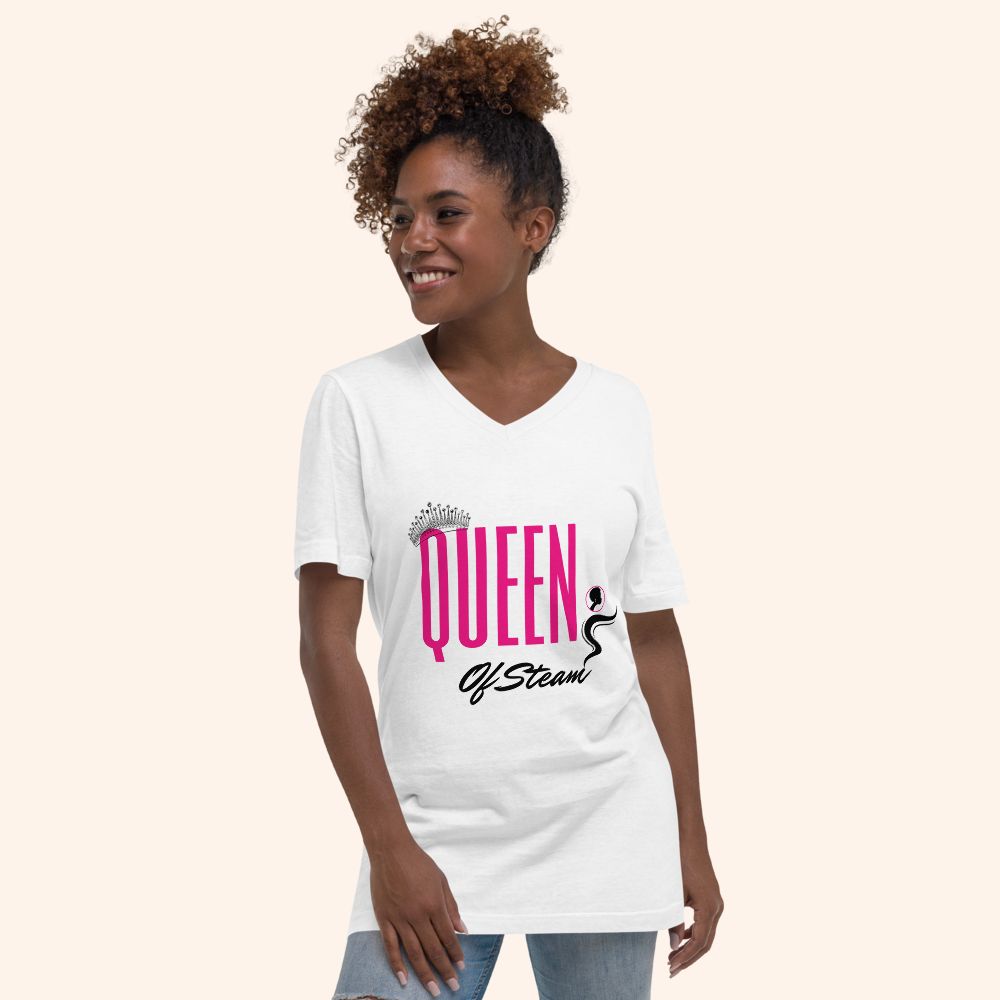 Queen of Steam white short-sleeve V neck T-shirt with pink and black graphic.
