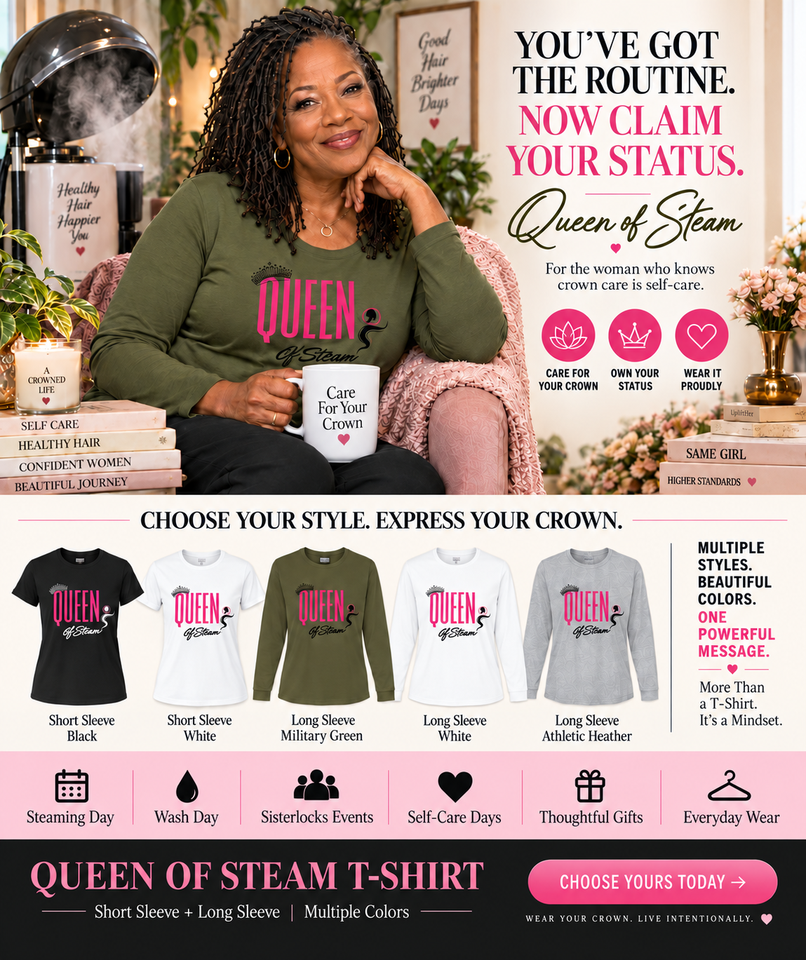 Mature Black woman with Sisterlocks wearing a military green Queen of Steam long-sleeve T-shirt beside a hair steamer.