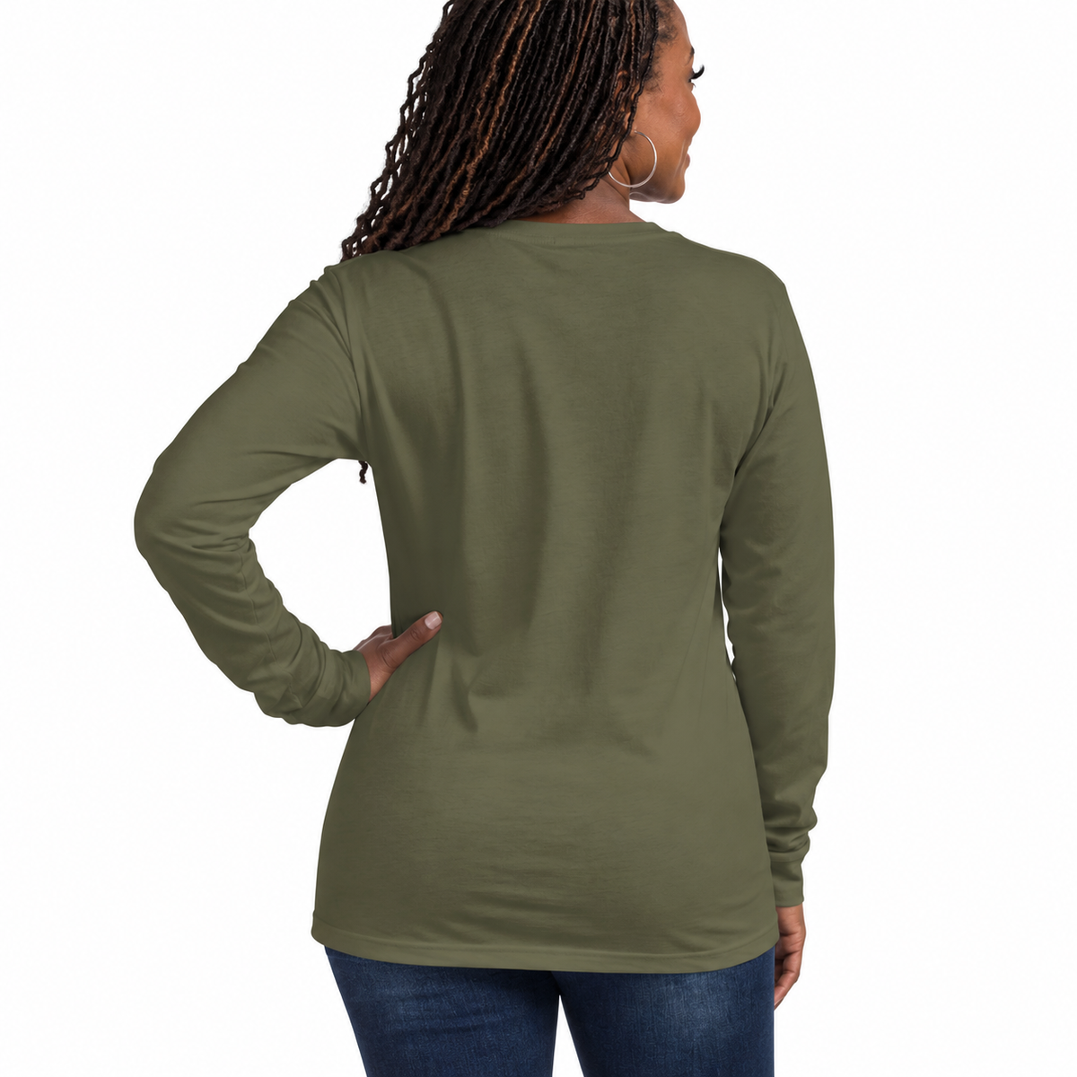 Queen of Steam military green long-sleeve crew-neck T-shirt with pink and black graphic.
