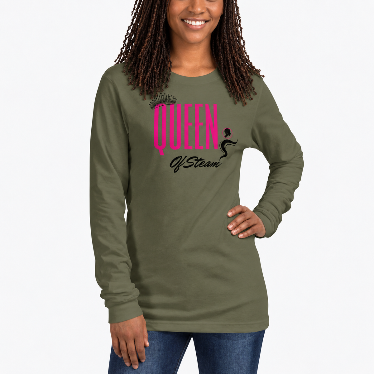 Queen of Steam military green long-sleeve crew-neck T-shirt with pink and black graphic.