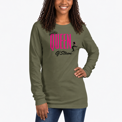 Queen of Steam military green long-sleeve crew-neck T-shirt with pink and black graphic.
