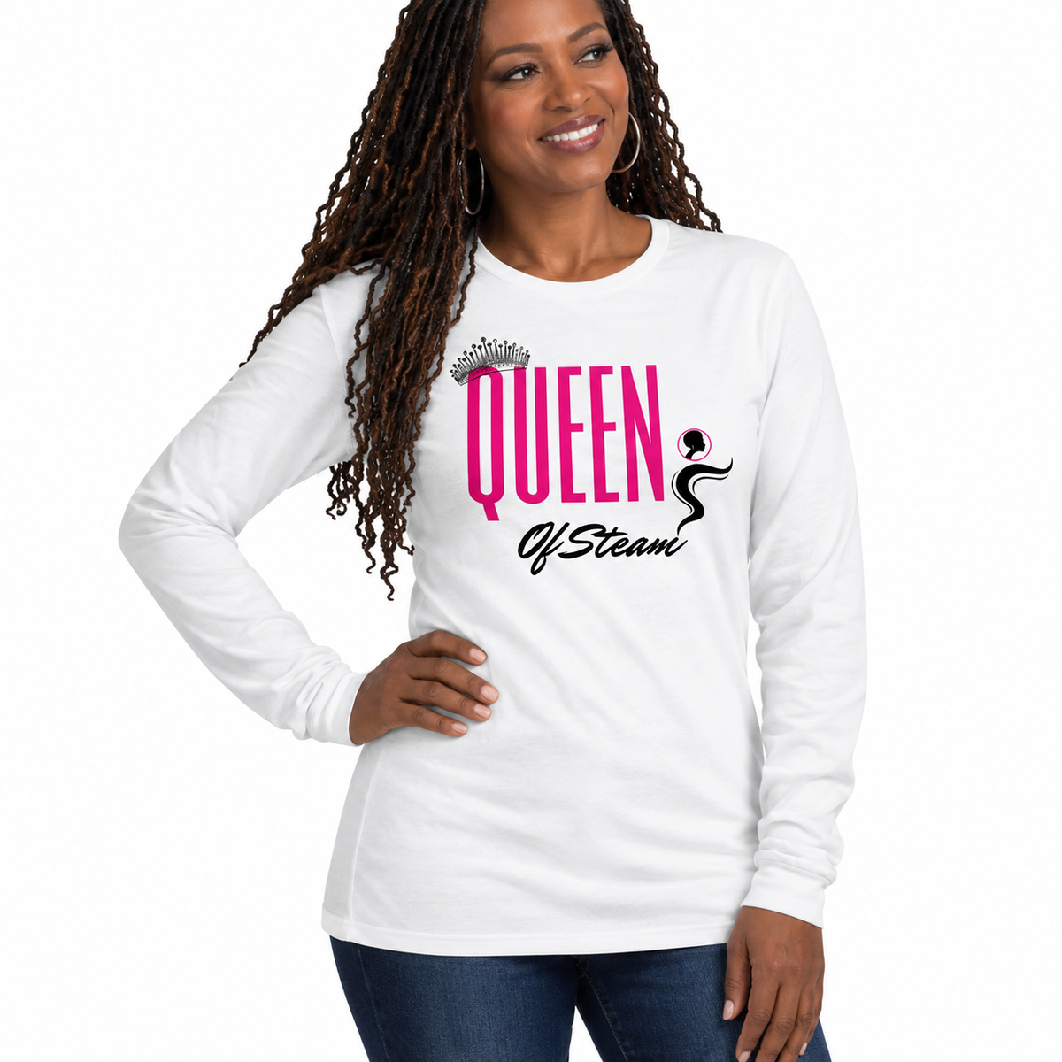 Queen of Steam white long-sleeve crew neck T-shirt with pink and black graphic.