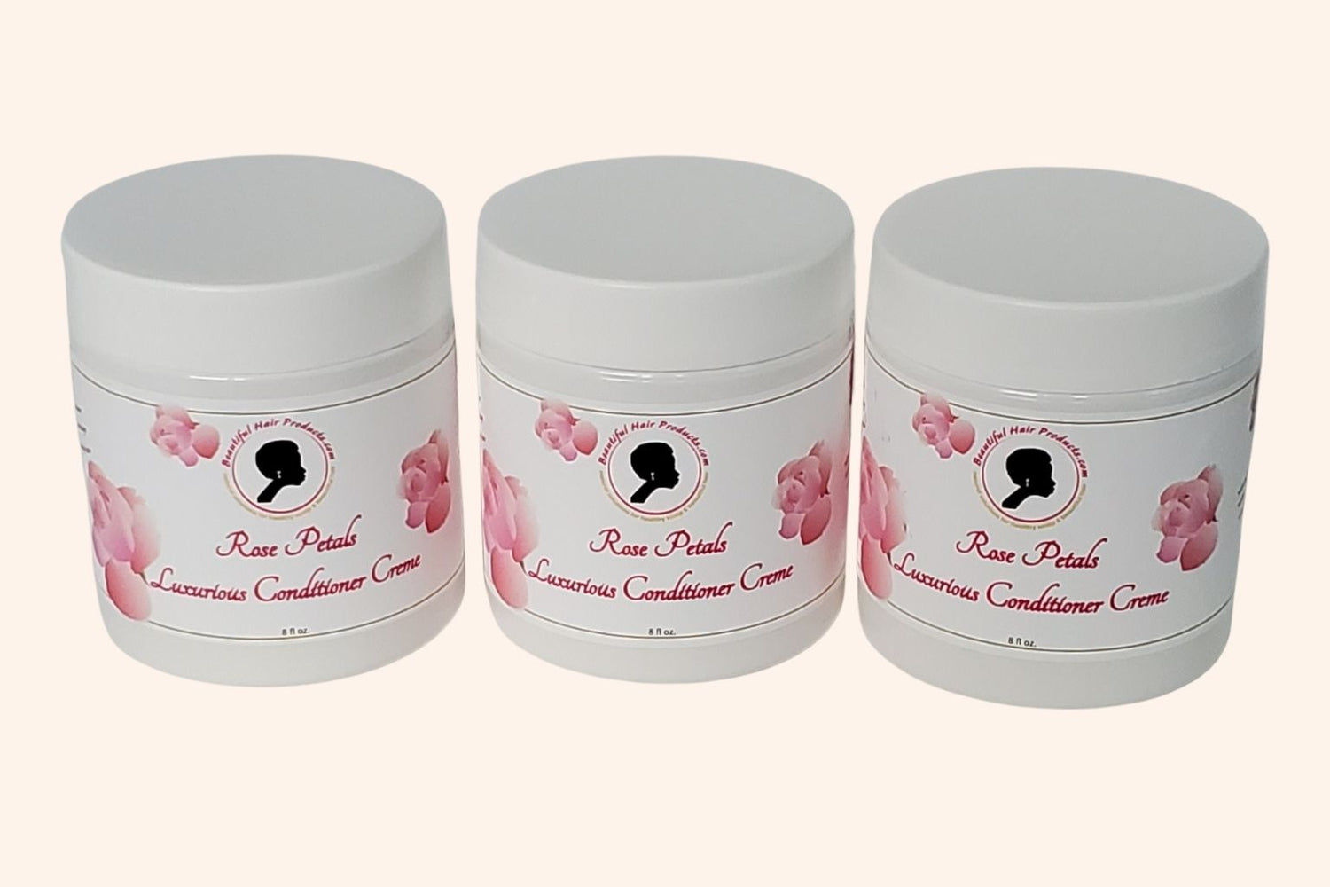 Three jars of Rose Petals Deep Conditioner 8oz jar with pink and cream label for intensive medium porosity hair treatment