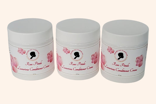 Three jars of Rose Petals Deep Conditioner 8oz jar with pink and cream label for intensive medium porosity hair treatment