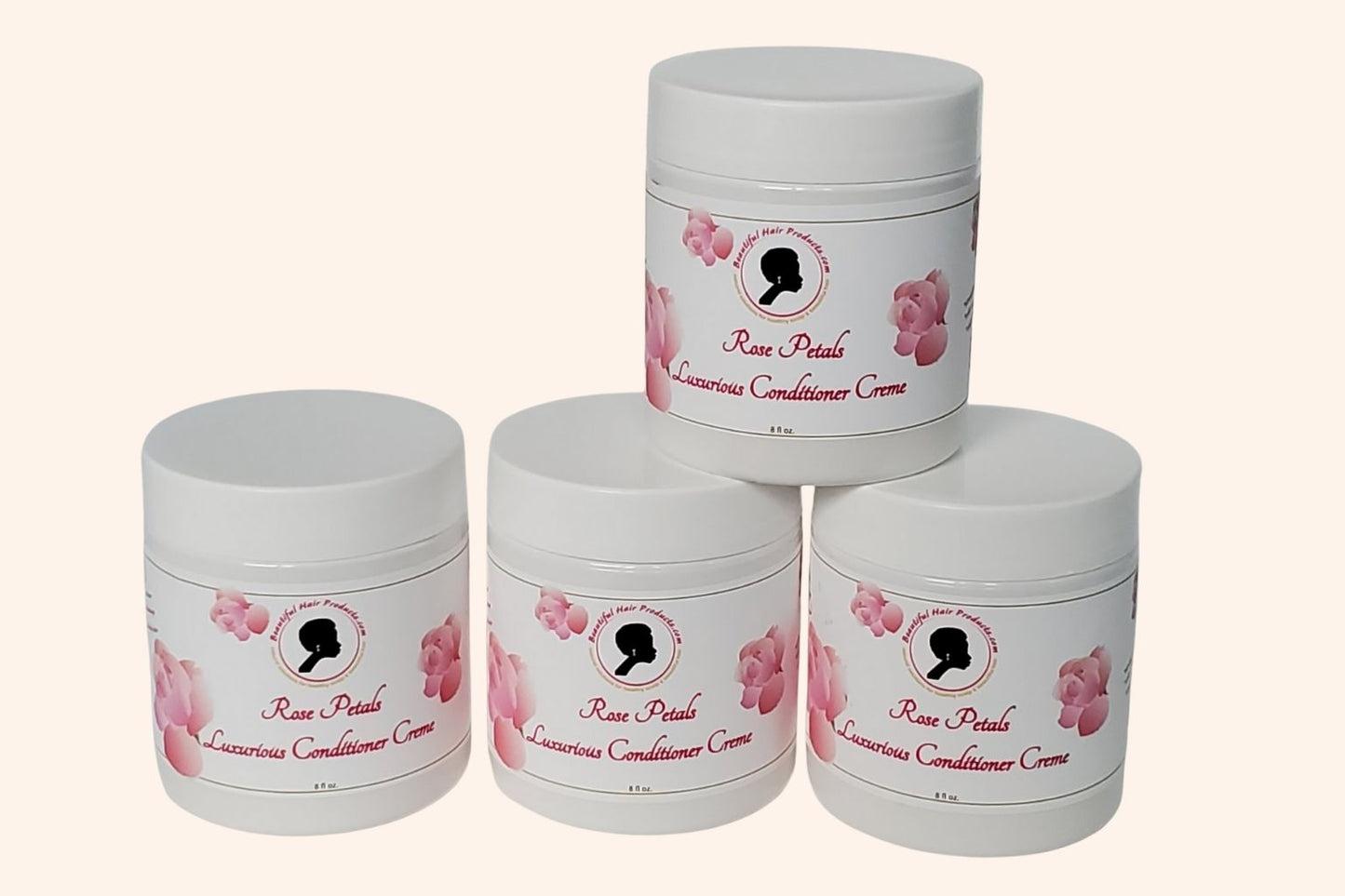 Four jars of Rose Petals Deep Conditioner 8oz jar with pink and cream label for intensive medium porosity hair treatment