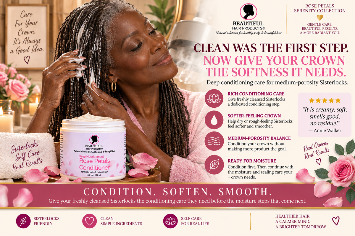Woman with Sisterlocks using Rose Petals Deep Conditioner for Sisterlocks and medium porosity hair by Beautiful Hair Products