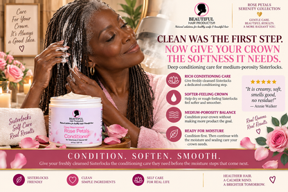 Woman with Sisterlocks using Rose Petals Deep Conditioner for Sisterlocks and medium porosity hair by Beautiful Hair Products