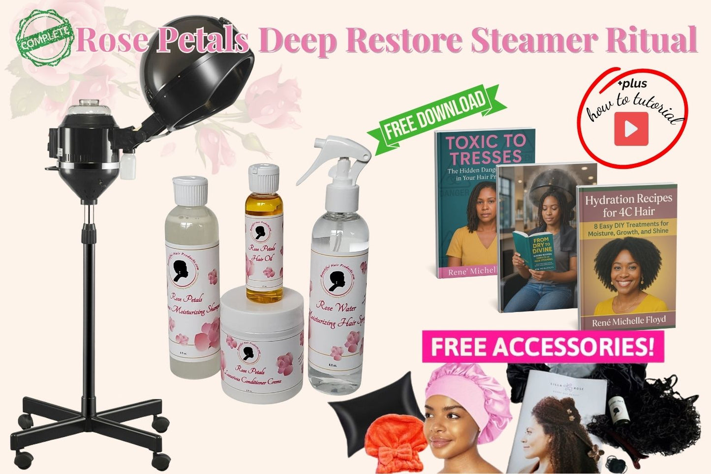 Rose Petals Deep Restore Steamer Ritual for Sisterlocks with all products and steamer for medium porosity hair serenity and hydration