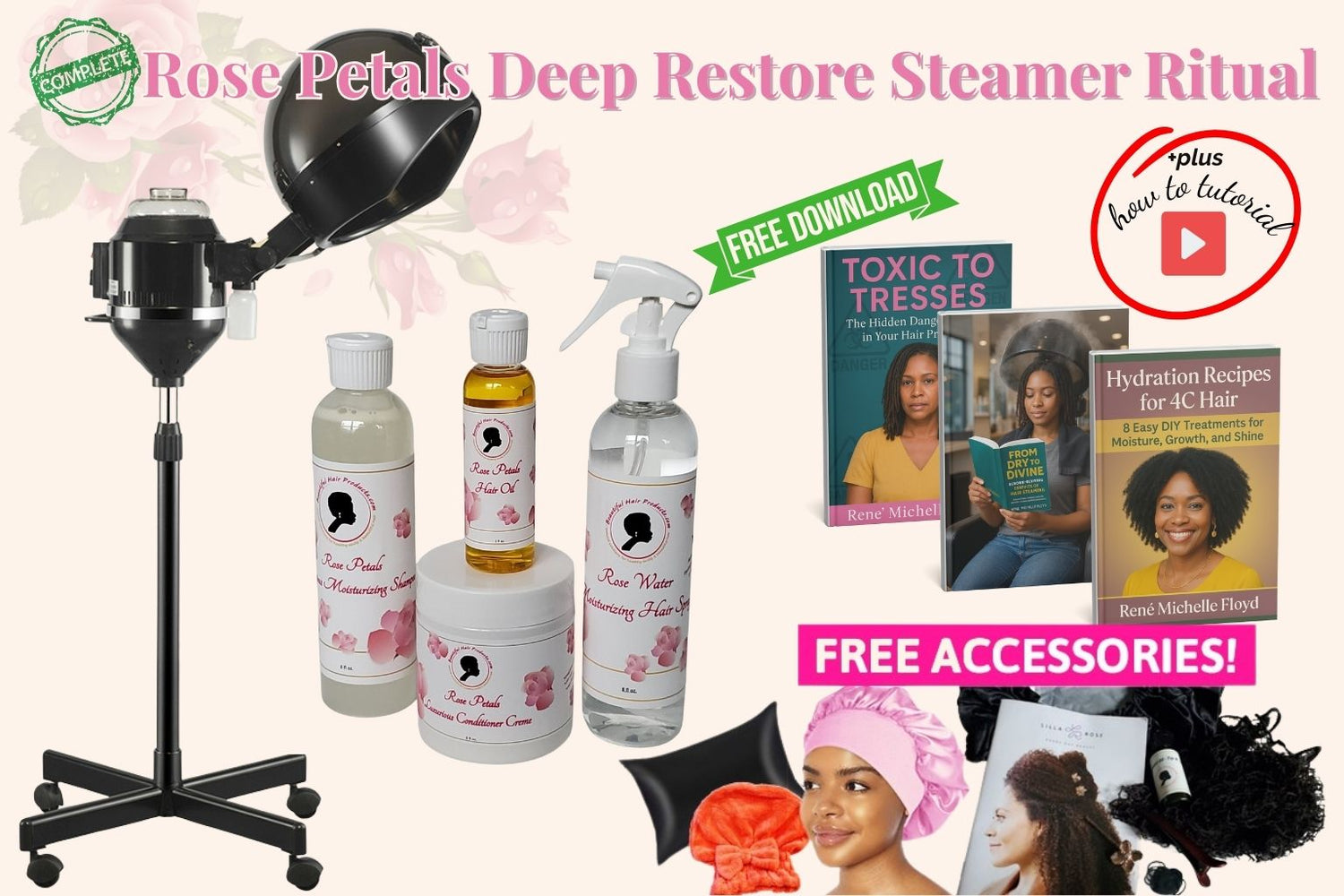 Rose Petals Deep Restore Steamer Ritual for Sisterlocks with all products and steamer for medium porosity hair serenity and hydration