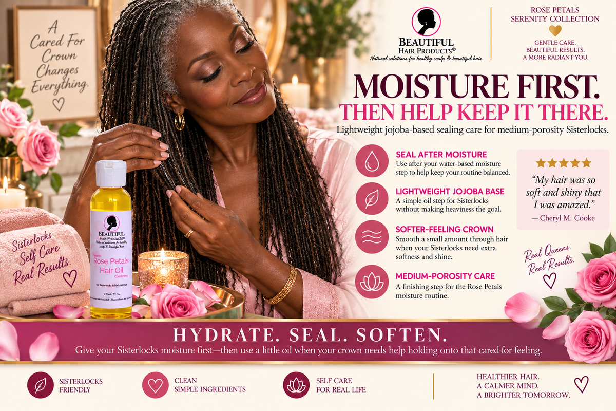 A promotional graphic for Beautiful Hair Products Rose Petal hair oil featuring a woman with Sisterlock hair. The layout includes text callouts, product benefits, and a testimonial quote, decorated with pink roses and gold accents.