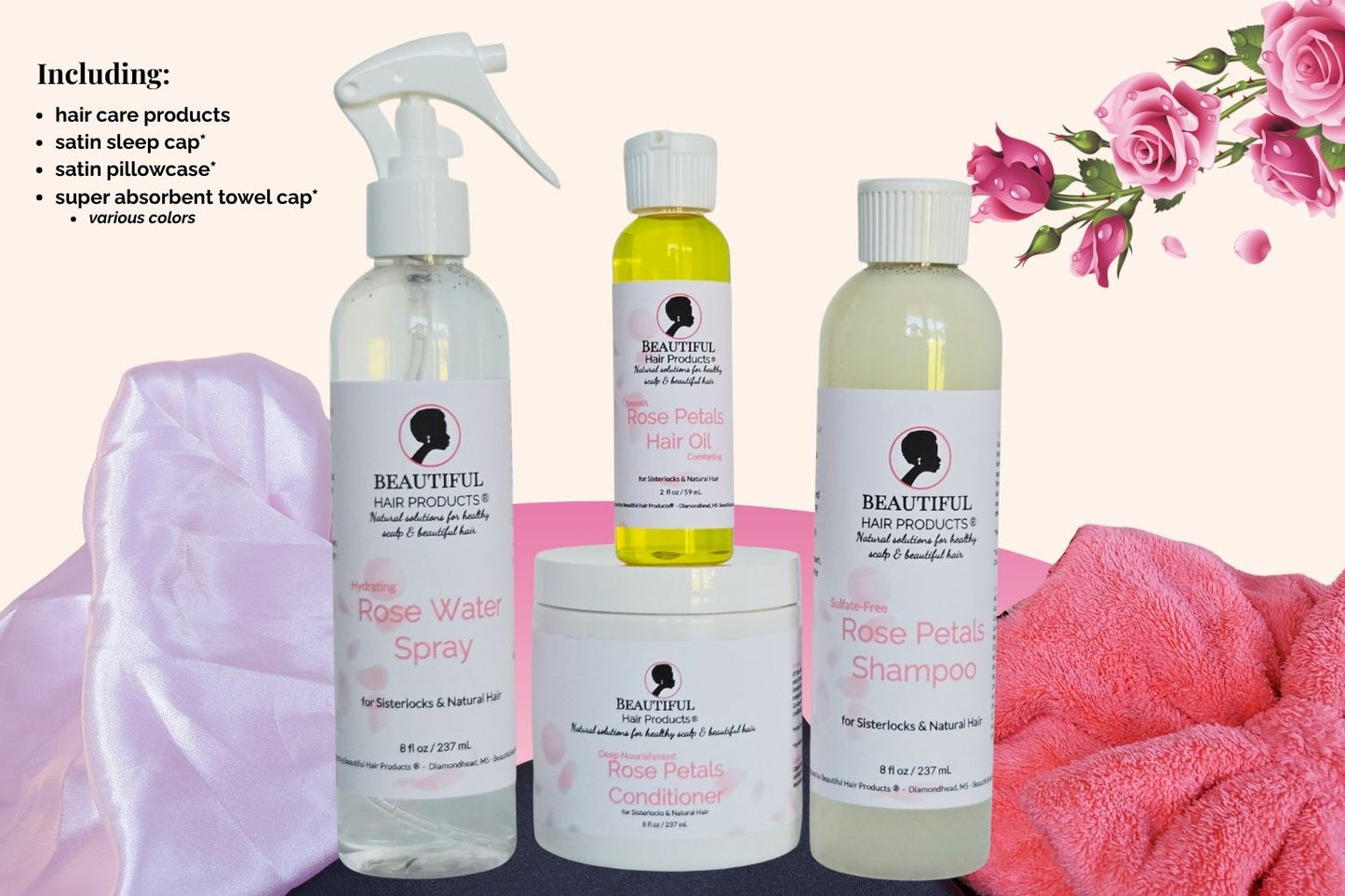 Rose Petals Intensive Moisture Essentials Kit with rose products and luxury accessories specifically designed for Sisterlocks care