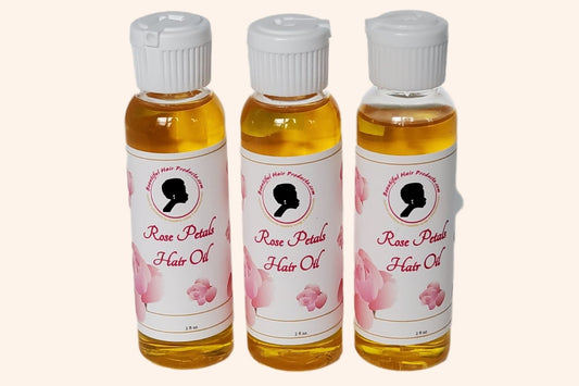 Three bottles  Rose Petals Scalp & Hair Oil bottle, 2oz with pink and cream label featuring rose petals for scalp and hair nourishment