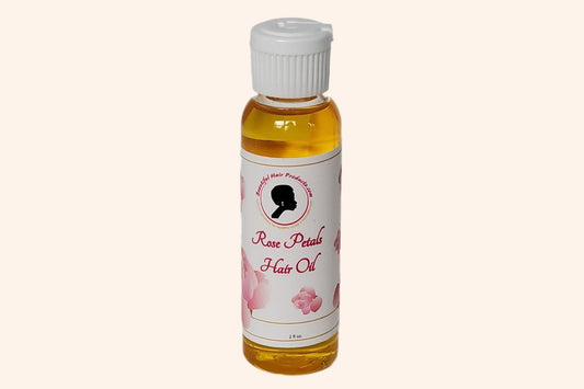 Rose Petals Scalp & Hair Oil bottle, 2oz with pink and cream label featuring rose petals for scalp and hair nourishment
