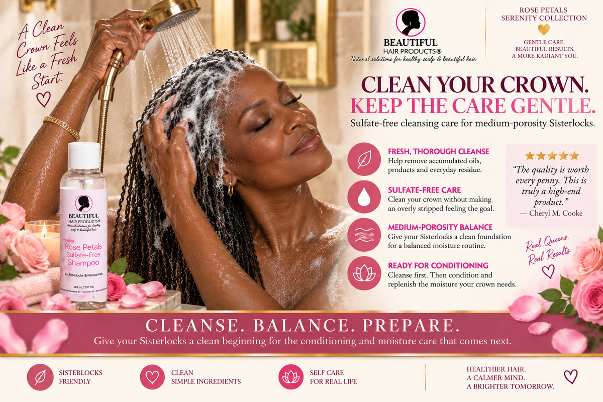 Mature Black woman with fine Sisterlocks cleansing her hair with Rose Petals Sulfate-Free Shampoo during wash day.